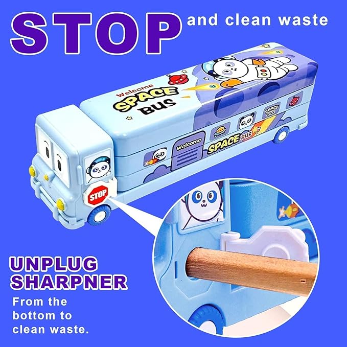 Illustration of a bus-shaped pencil sharpener labeled &