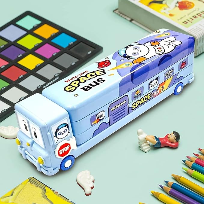 Closed Space Bus Pencil Box with colorful galaxy design