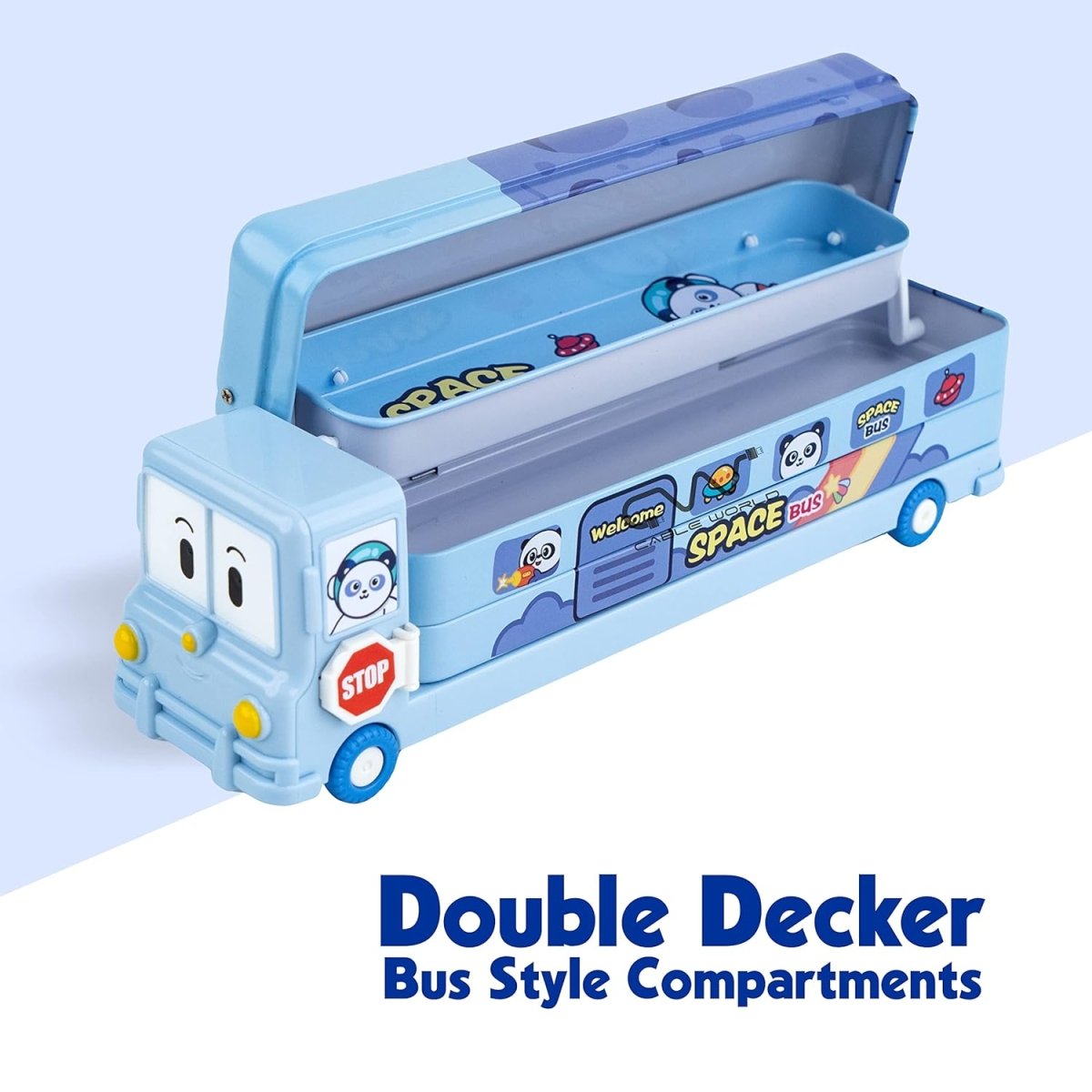 Double-decker compartments inside Space Bus Pencil Box open view