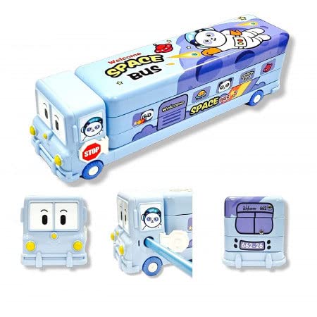 Multi-angle view of Space Bus pencil case showing upper and lower parts