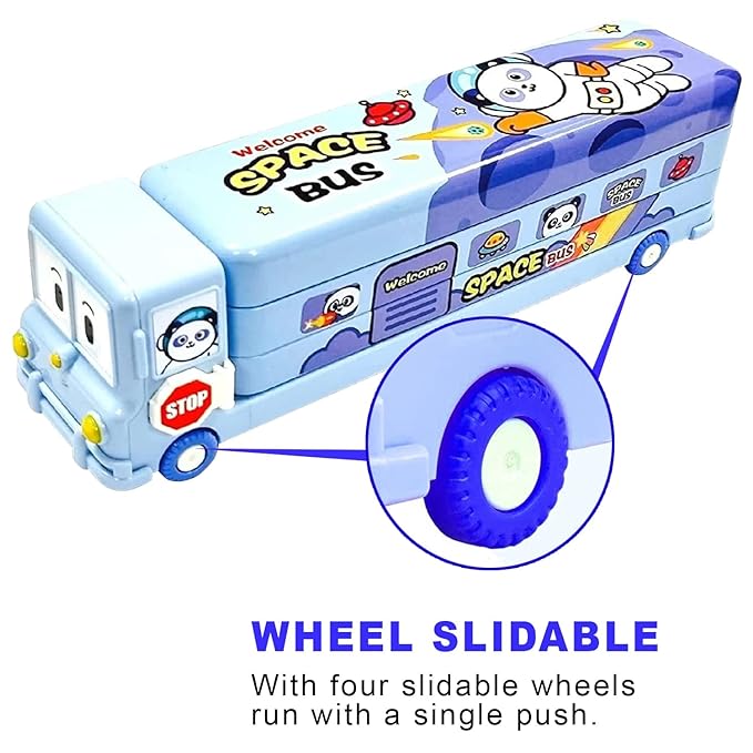 Space Bus Pencil Box with wheels and slidable compartments