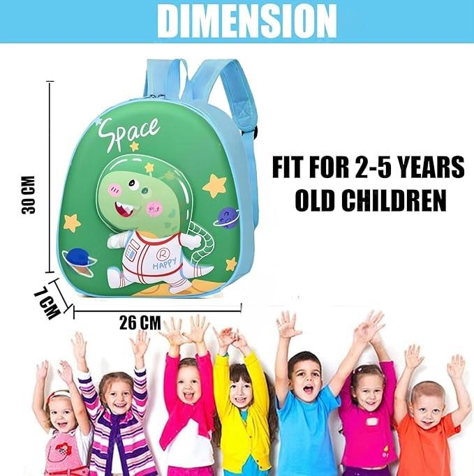 Children's backpack with space-themed design, dimensions, and suitability for ages 2-5 displayed.