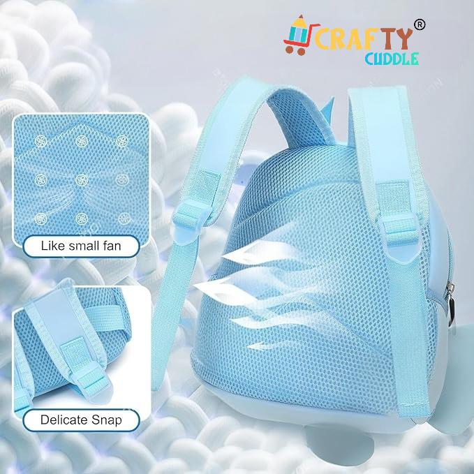 Light blue backpack with 'Crafty Cuddle' branding on a cloud-themed background