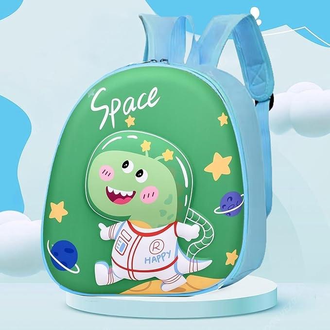 Children's backpack with a cartoon dinosaur in an astronaut suit on a green background.