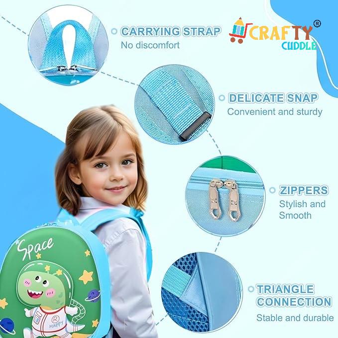 Child wearing a green backpack with cartoon design, surrounded by features of the backpack on a blue background.