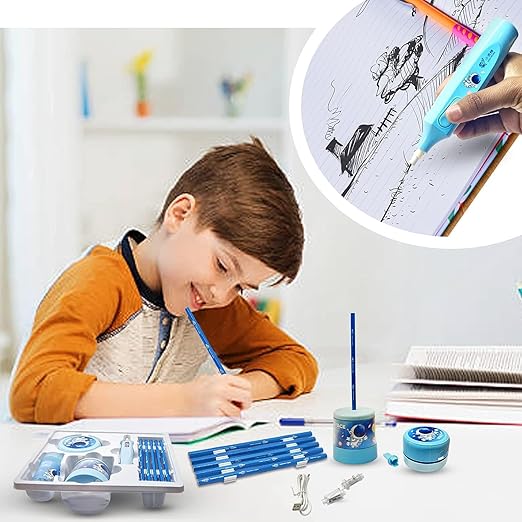 Child using a blue pen with a close-up of the pen in use on a piece of paper.