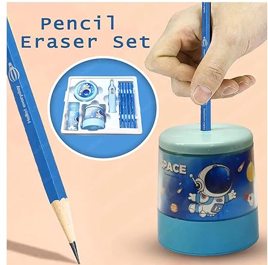 Pencil eraser set with a blue pencil and container on a peach background