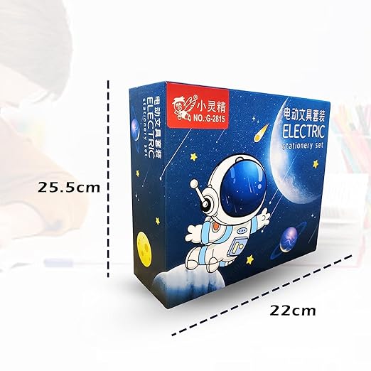 Box with cartoon astronaut design and measurements on a white background