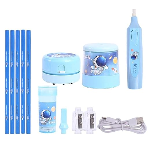 Set of blue Stationery set including an electric eraser, sharpener, some pencils and accessories on a white background