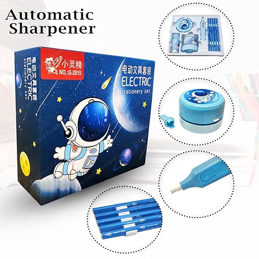 Box of an automatic sharpener with illustrations of the product and accessories on a white background.