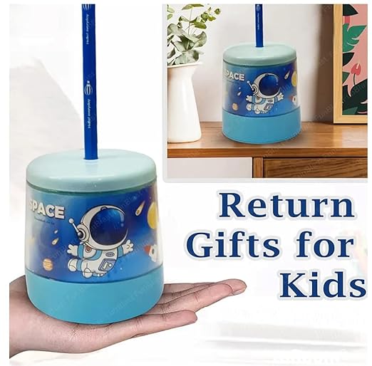 Blue sharpener with space design held in a hand, with another sharpener on a shelf in the background.