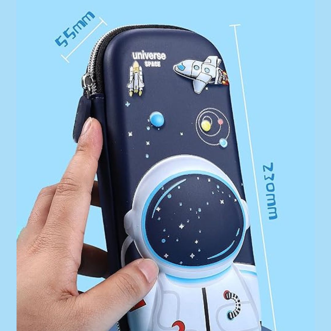 Space Explorer pencil pouch measuring 230mm in length, 100mm in height, and 55mm in width, perfect size for school stationery.