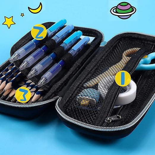open pencil pouch filled with multiple stationery items such as pencils, erasers, scissors, pens, and markers, neatly arranged inside.