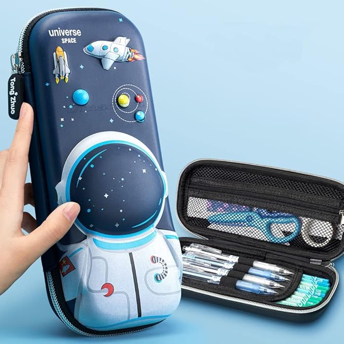 Space Explorer pencil pouch with colorful rocket and galaxy design, featuring a durable build and zipper closure for school stationery