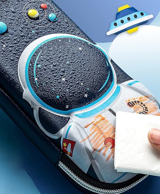 Close-up zoomed image of the Space Explorer pencil pouch showcasing detailed rocket, planet, and star designs on the fabric