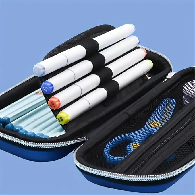 open pencil pouch filled with stationery items like pencils, erasers, and scissors, neatly organized inside