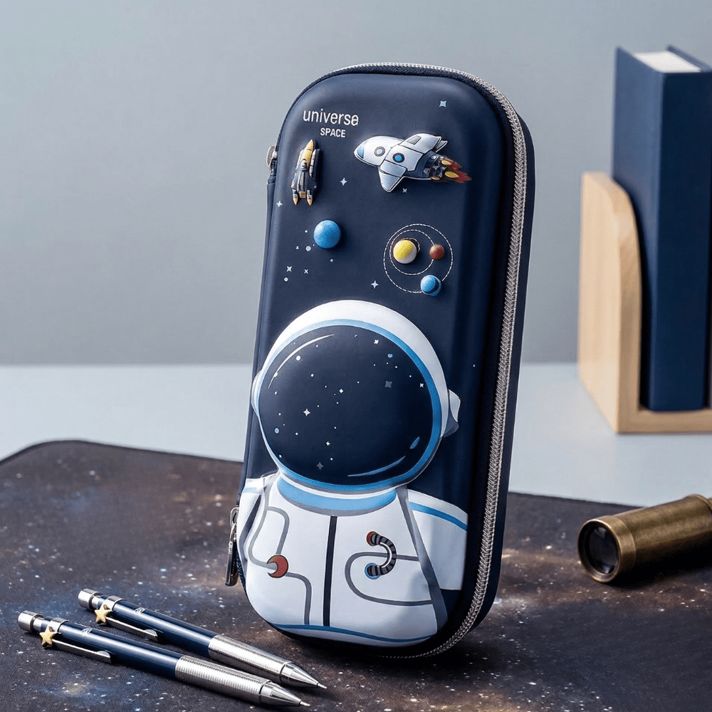 Space Explorer Pencil PouchSpace explorer theme pencil pouchCrafty CuddlePencil case with astronaut design on a desk with pens and booksSpace Small EVAastronaut pouchboys pencil case