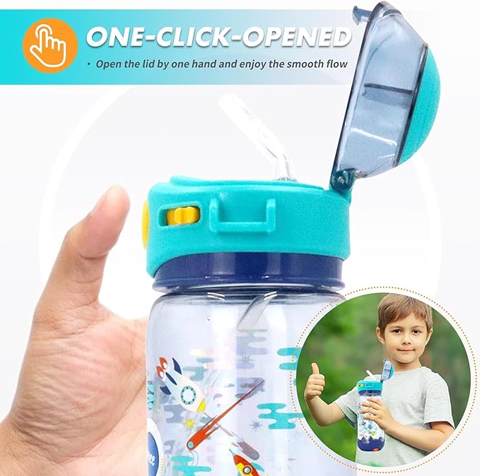 Fun rocket-shaped 650 ml children's bottle with straw and secure lid, perfect for active kids.