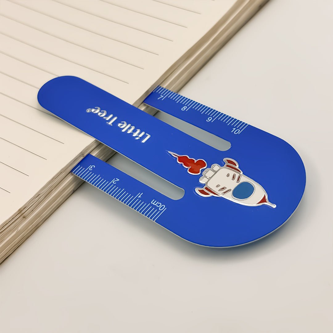 Blue shoe size ruler with cartoon character on a light background