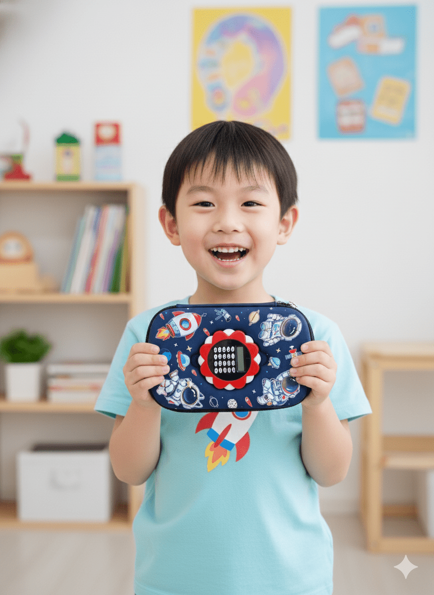 Space Pencil Case with CalculatorCRAFTY CUDDLEChild holding a pencil pouch with a space - themed case in a classroom settingNavy Blue