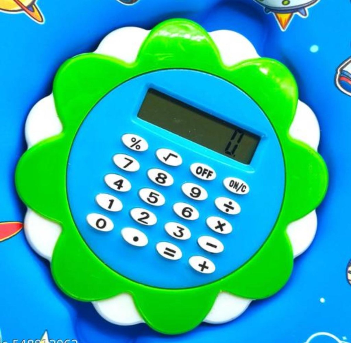 Space Pencil Case with CalculatorCRAFTY CUDDLEToy calculator with green and blue design on a blue backgroundBlue