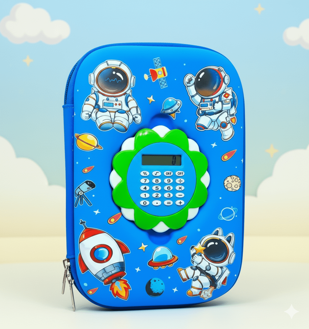 Space Pencil Case with CalculatorCRAFTY CUDDLEBlue pencil case with space - themed design featuring astronauts and rockets on a light blue background.Blue