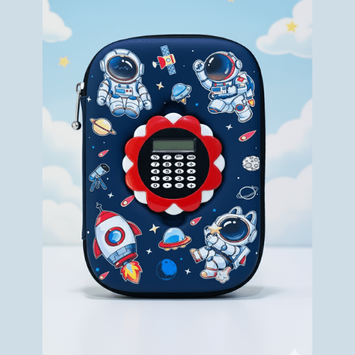 Space Pencil Case with CalculatorCRAFTY CUDDLEChildren's calculator pencil pouch with space - themed design on a blue backgroundNavy Blue