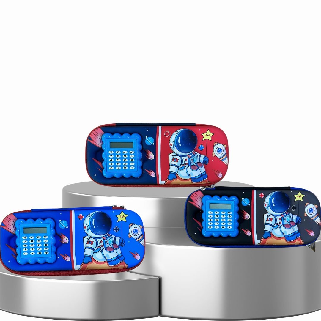 Space-themed pencil pouches with built-in calculators in dark blue, blue, and red colors – each measuring 25 cm x 10 cm x 5 cm, perfect for kids’ school supplies