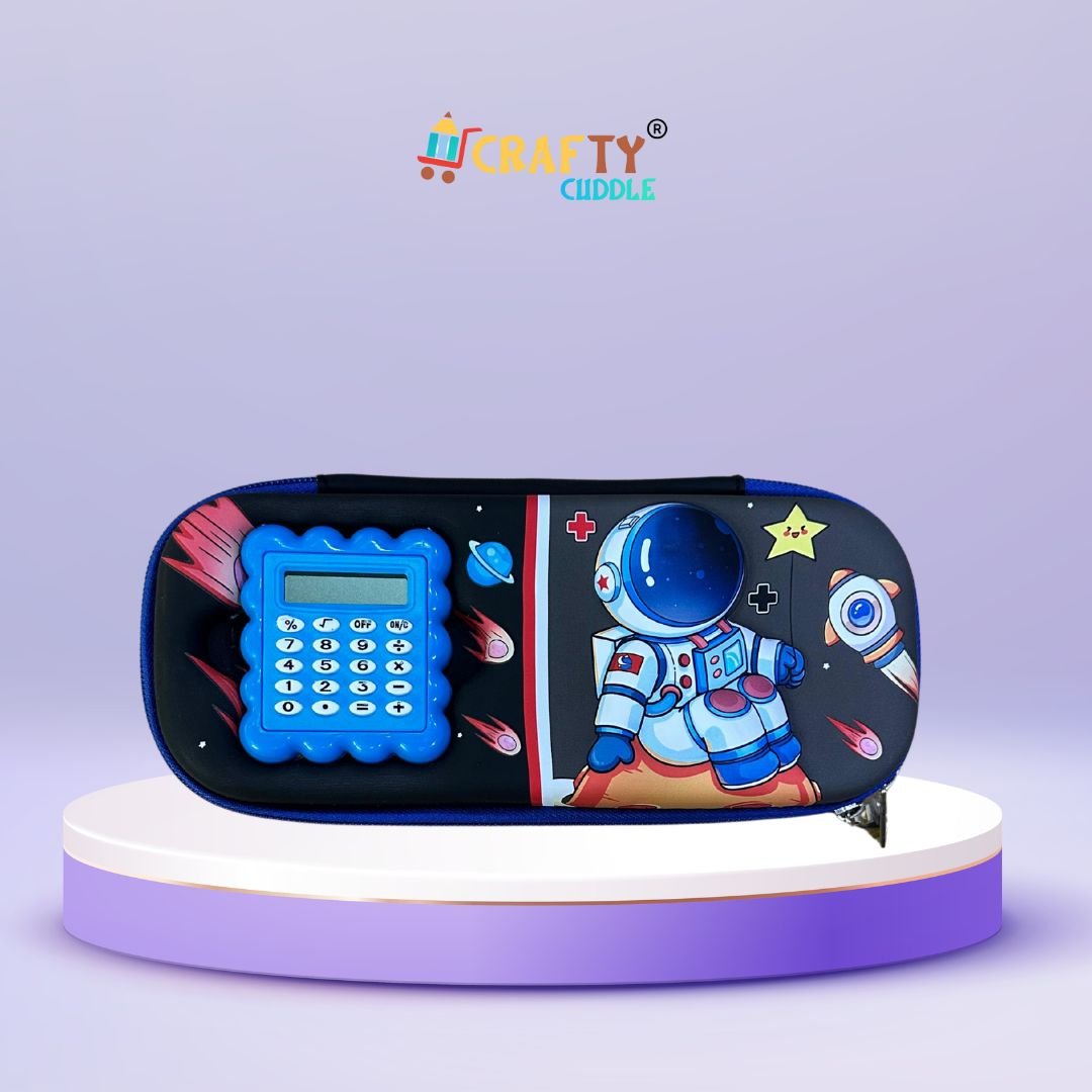 Space-themed Dark  Blue pencil pouch with built-in calculator, perfect for kids and students who love astronomy and school organization.