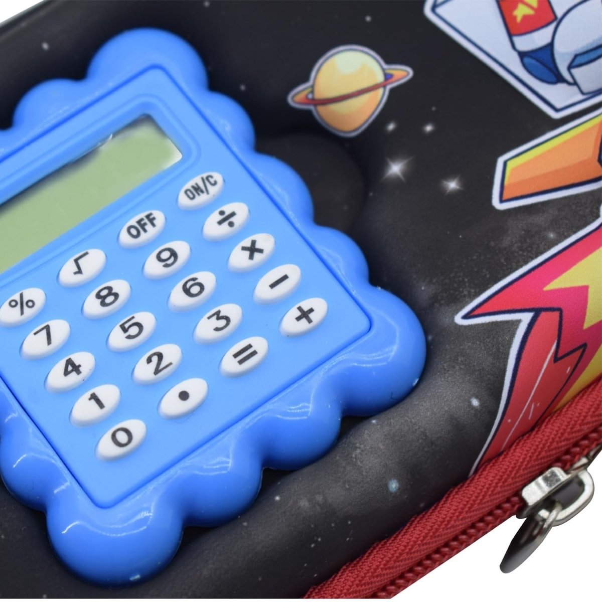 Close-up of space-themed pencil pouch with built-in calculator clearly visible, showcasing functional design and organized stationery space.