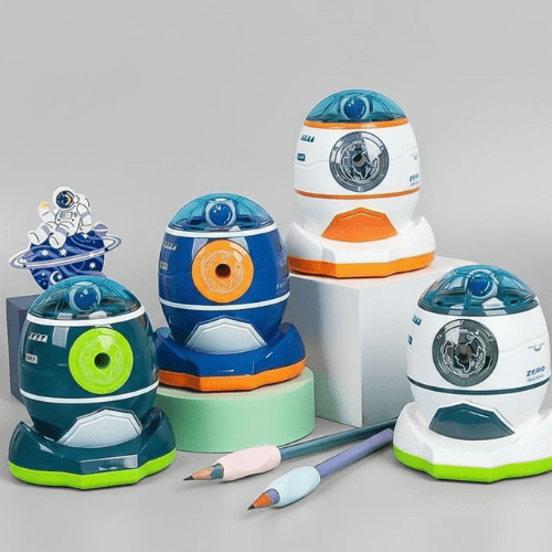 Space Rocket Manual Pencil SharpenerStationery > Erasers &amp; SharpenersCRAFTY CUDDLESet of robot - shaped pencil sharpeners on a gray backgroundBlue &amp; OrangeKidsStationery CuteStationery KawaiiStationery SchoolSupplies StationeryAddict CartoonStationery BackToSchool StudyEssentials PastelStationery StationeryLove