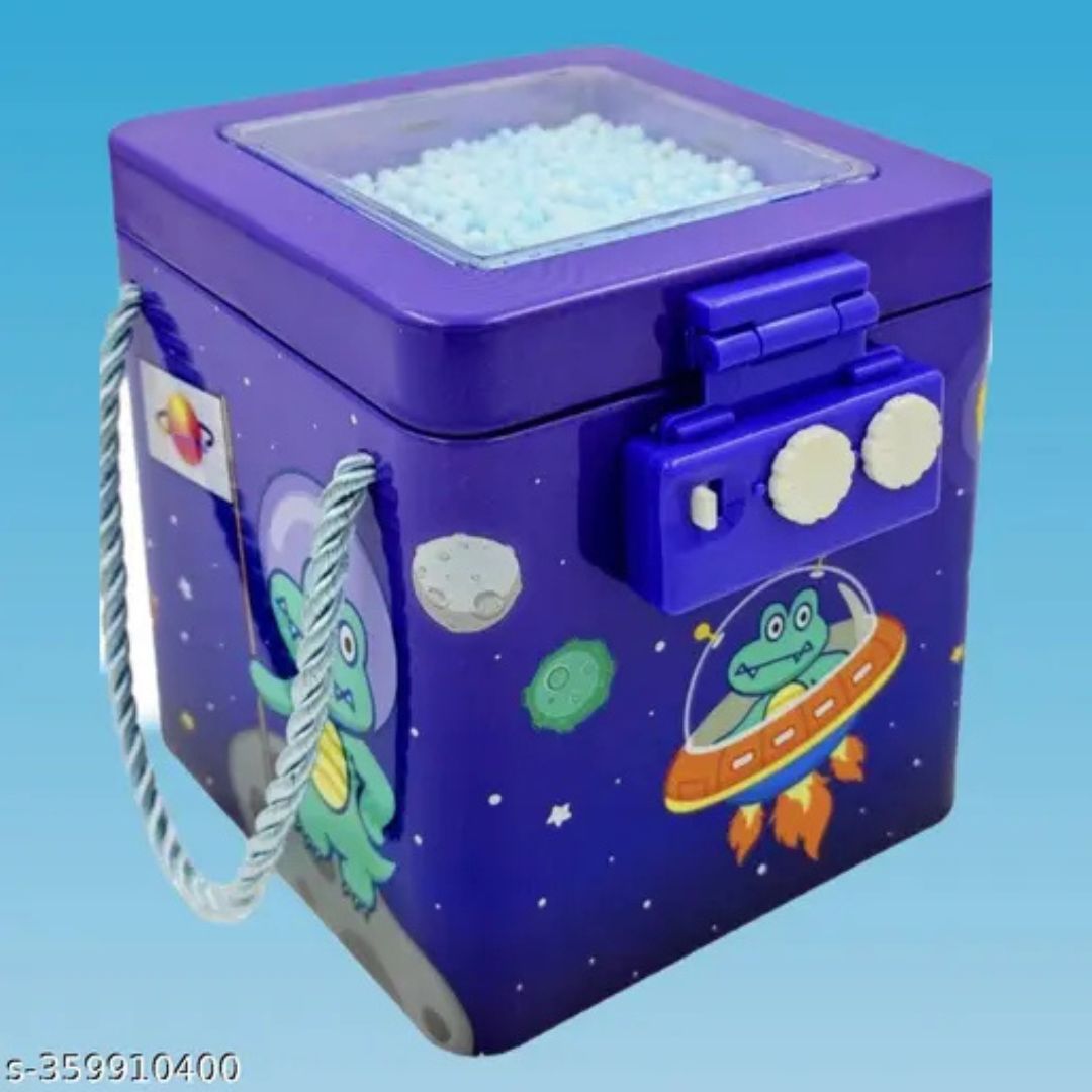 Front View of Space Theme Tin Piggy Bank with Passcode – Galaxy Design Money Box for Kids