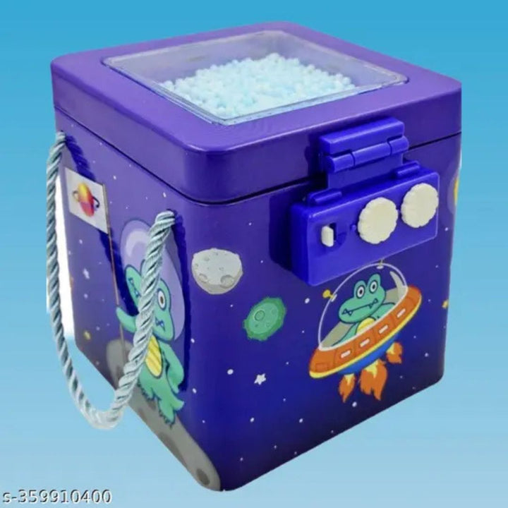 Front View of Space Theme Tin Piggy Bank with Passcode – Galaxy Design Money Box for Kids