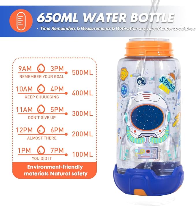Crafty Cuddle 600ml Space Theme Kids Water Bottle – Time Marked Hydration Schedule to Encourage Daily Water Intake, Fun and Functional Design
