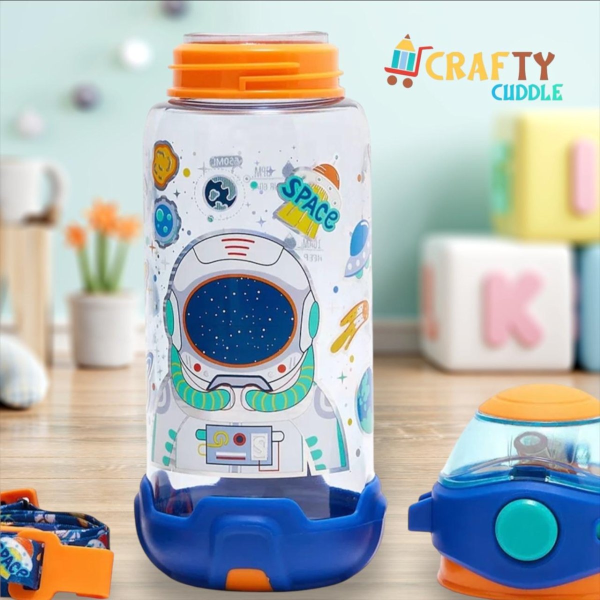 Kids Astronaut Space Sipper Bottle by Crafty Cuddle – Colorful Leak-Proof Water Bottle with Rocket-Inspired Lid – BPA-Free & Perfect for School or Outdoor Fun