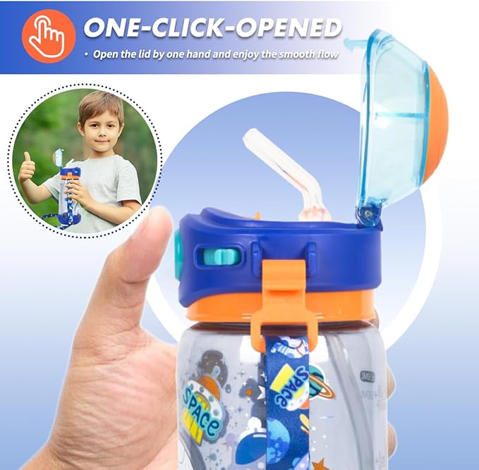Crafty Cuddle Space Water Bottle – One-Click Open Lid for Quick and Easy Access, Kid-Friendly Design with Spill-Proof Functionality