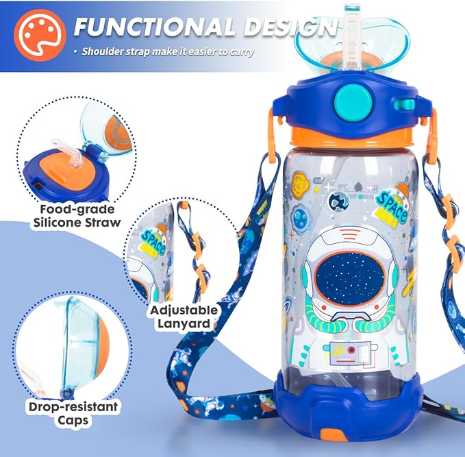 Kids Astronaut Space Sipper Bottle by Crafty Cuddle – Colorful Leak-Proof Water Bottle with Rocket-Inspired Lid – BPA-Free & Perfect for School or Outdoor Fun