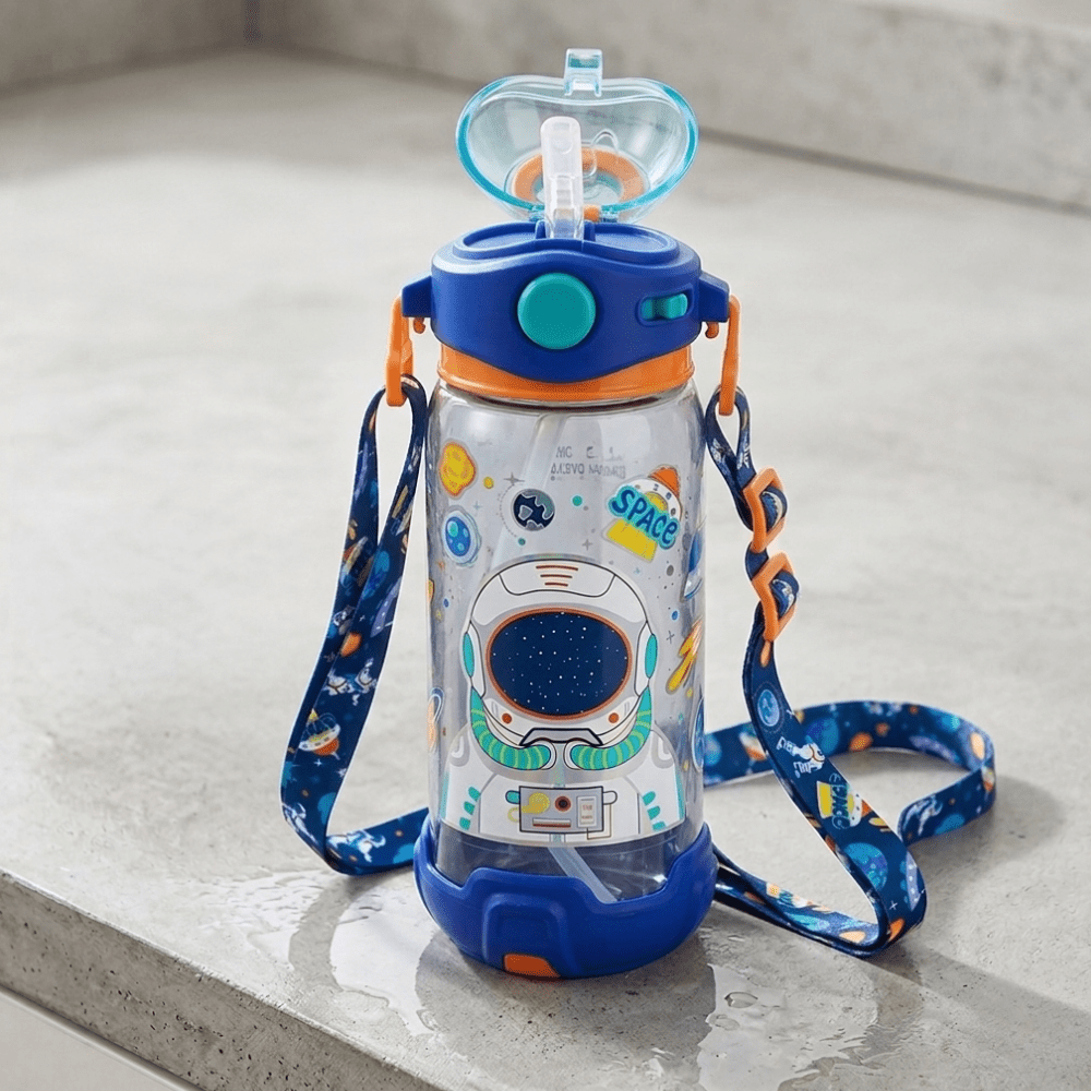 Space Theme VEST Sipper Water BottleKids Space Theme Water Bottle with Straw and One - Click LidCrafty CuddleChildren's water bottle with space - themed design and colorful strap on a light gray surfaceSpace VEST Water BottleBackpack Bottle for KidsBPA Free Plastic Bottle