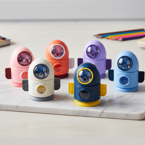 Space - Themed Pencil SharpenerStationery > Erasers &amp; SharpenersCRAFTY CUDDLEColorful robot - shaped pencil sharpeners on a marble surface with pencils in the background.PinkKidsStationery SpaceTheme CuteStationery SchoolSupplies KawaiiStationery BackToSchool StationeryAddict StudyEssentials ReturnGiftIdeas StationeryLove