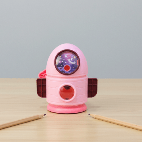 Space - Themed Pencil SharpenerStationery > Erasers &amp; SharpenersCRAFTY CUDDLEPink robot - shaped pencil sharpener on a wooden surface with pencils around it.PinkKidsStationery SpaceTheme CuteStationery SchoolSupplies KawaiiStationery BackToSchool StationeryAddict StudyEssentials ReturnGiftIdeas StationeryLove