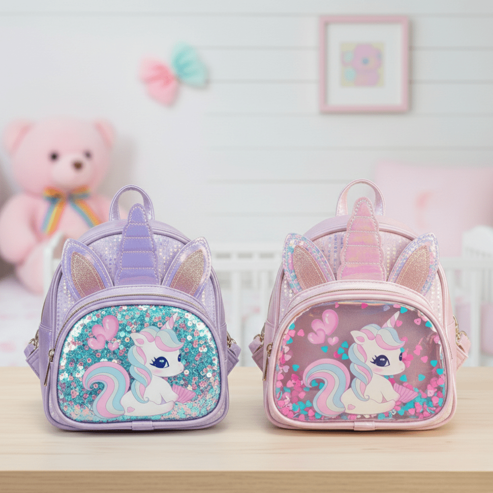 Sparkle Unicorn Kids Sling BagKids BagsCRAFTY CUDDLETwo unicorn - themed bags on a wooden surface with a soft toy and framed picture in the background.PinkUnicornSlingBag KidsCrossbody GirlsSlingBag UnicornFashion CuteKidsBag PastelStyle GlitterBag BirthdayGiftForGirls ReturnGiftIdeas KidsAccessories