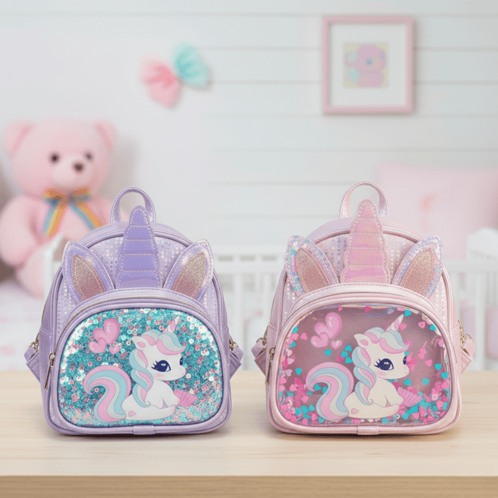 Sparkle Unicorn Kids Sling BagKids BagsCRAFTY CUDDLETwo unicorn - themed bags on a wooden surface with a soft toy and framed picture in the background.PinkUnicornSlingBag KidsCrossbody GirlsSlingBag UnicornFashion CuteKidsBag PastelStyle GlitterBag BirthdayGiftForGirls ReturnGiftIdeas KidsAccessories
