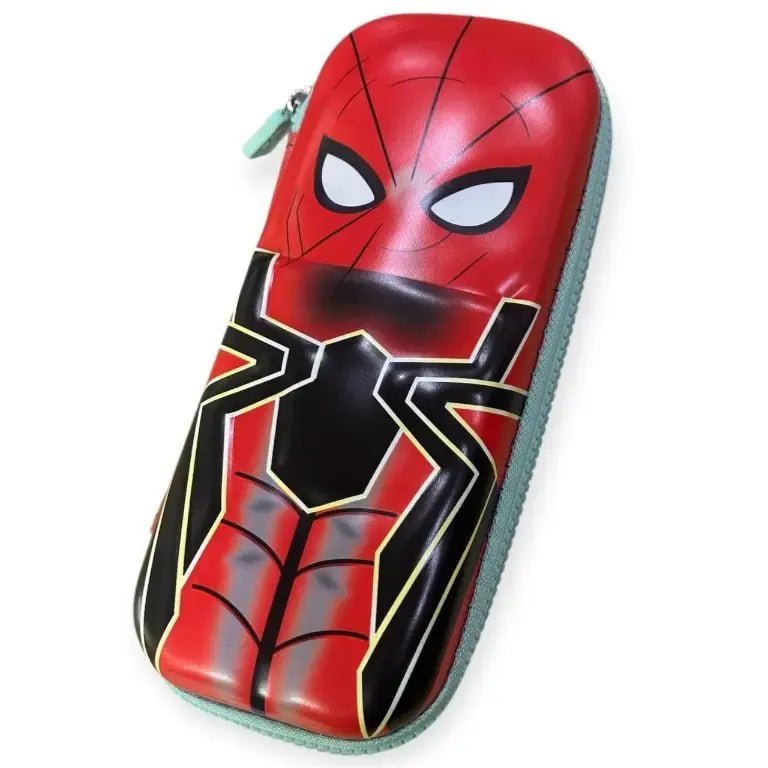 Close-up of Spider Hero 3D Pencil Case featuring raised spider design with web detailing on the front, in bold superhero colors