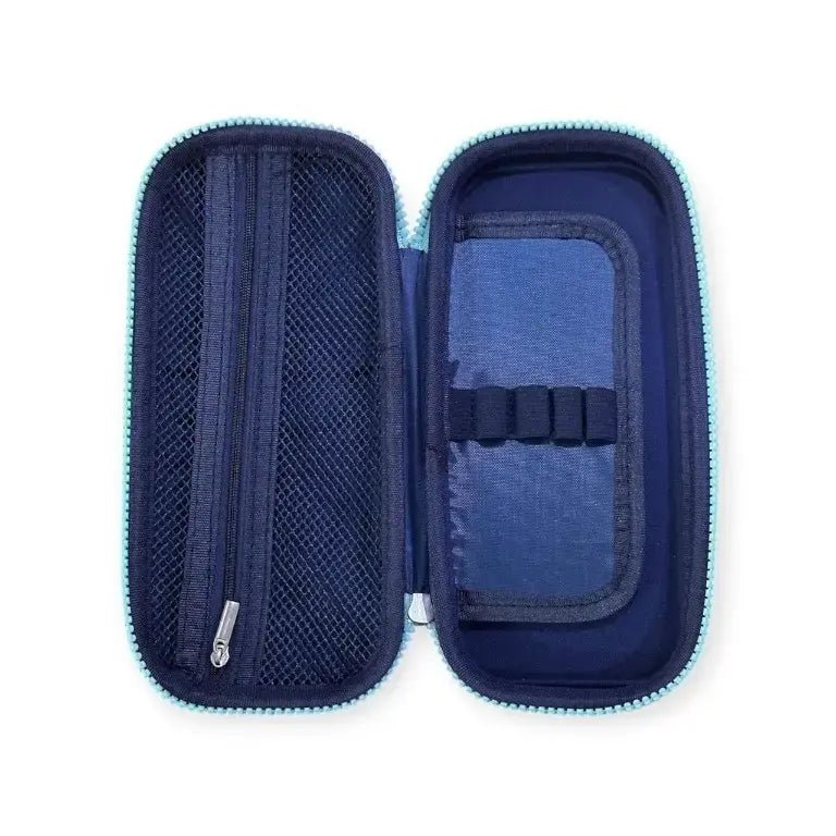 Open Spider Hero Pencil Case showing mesh layer, pen slots, and spacious compartments filled with stationery