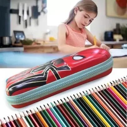 A Girl studying with  Spider Hero 3D Pencil Case beside him, organized with pencils, pens, and school supplies

