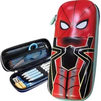 Front view of Spider Hero 3D Pencil Case featuring web-themed embossed superhero design in vibrant colors