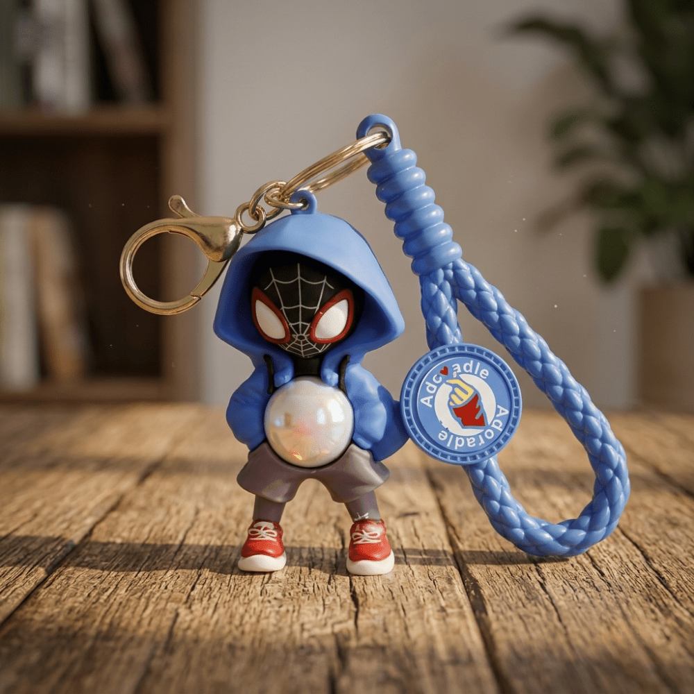 Spider Hero LED Keychain with FlashlightKeychainsCrafty CuddleKeychain with a character in a blue hoodie and red shoes on a wooden surface