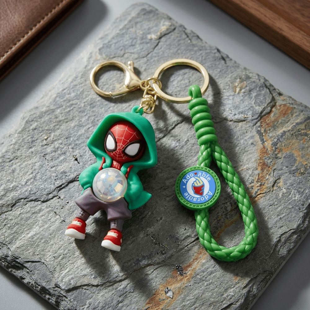 Spider Hero LED Keychain with FlashlightKeychainsCrafty CuddleKeychain with a character in a green hoodie and red mask on a stone surface