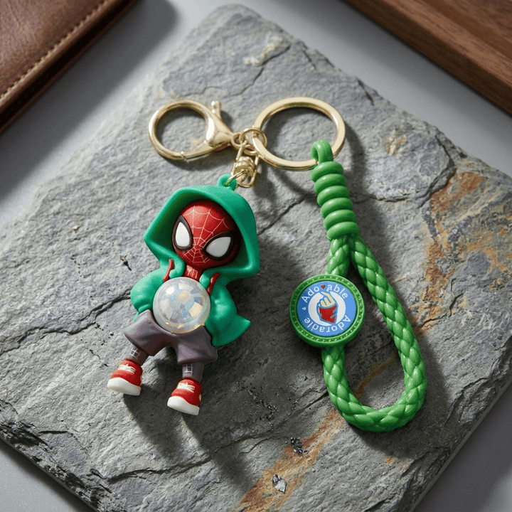 Spider Hero LED Keychain with FlashlightKeychainsCrafty CuddleKeychain with a character in a green hoodie and red mask on a stone surface