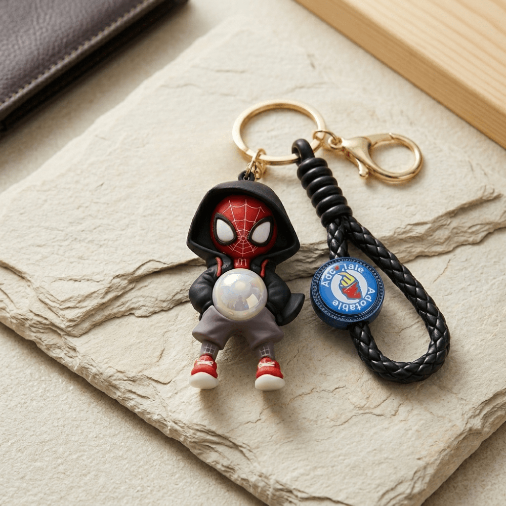 Spider Hero LED Keychain with FlashlightKeychainsCrafty CuddleKeychain with spider-Man figure and braided black strap on a textured surface